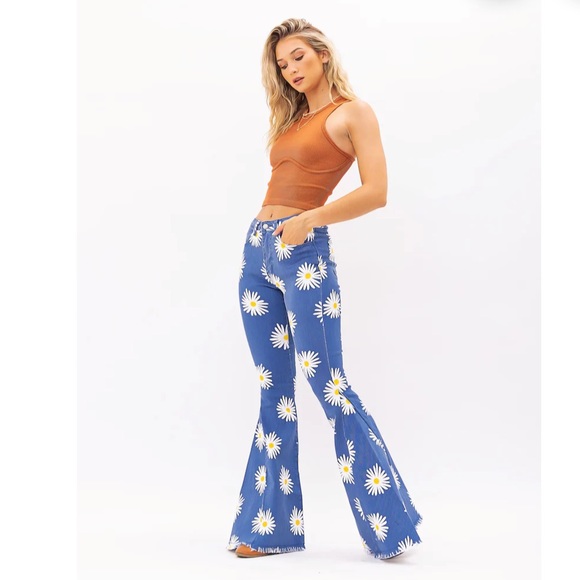 Daisy flower flare bell bottoms blue Jeans high waisted 70’s retro pants - Picture 3 of 9